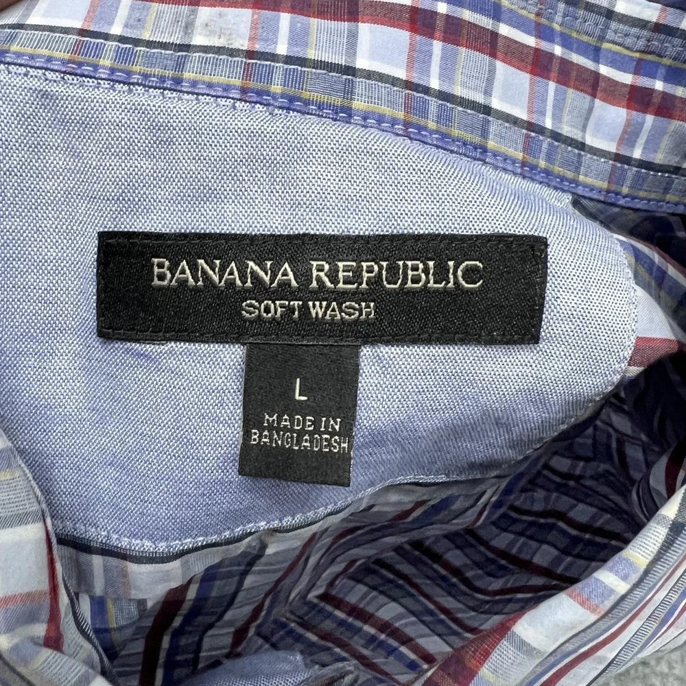 Banana Republic Shirt Mens L Blue Red Plaid Soft Wash Button Long Sleeve Preppy